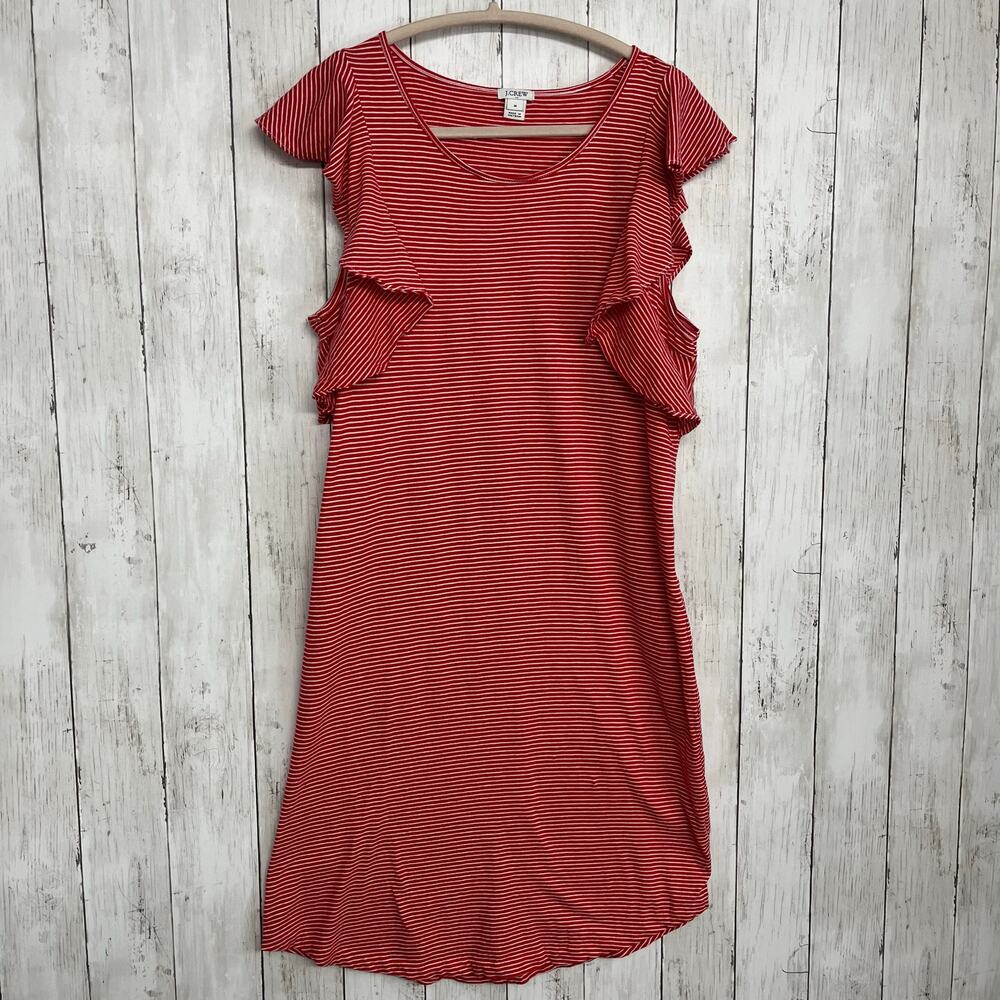 J.Crew Striped Ruffle Sleeve T-Shirt Dress Red & White Cotton Preppy Americana